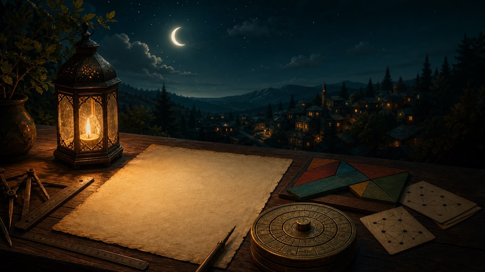 Moonlit desk with blank parchment, a lantern, geometric tools, a tangram, and a quiet village at night